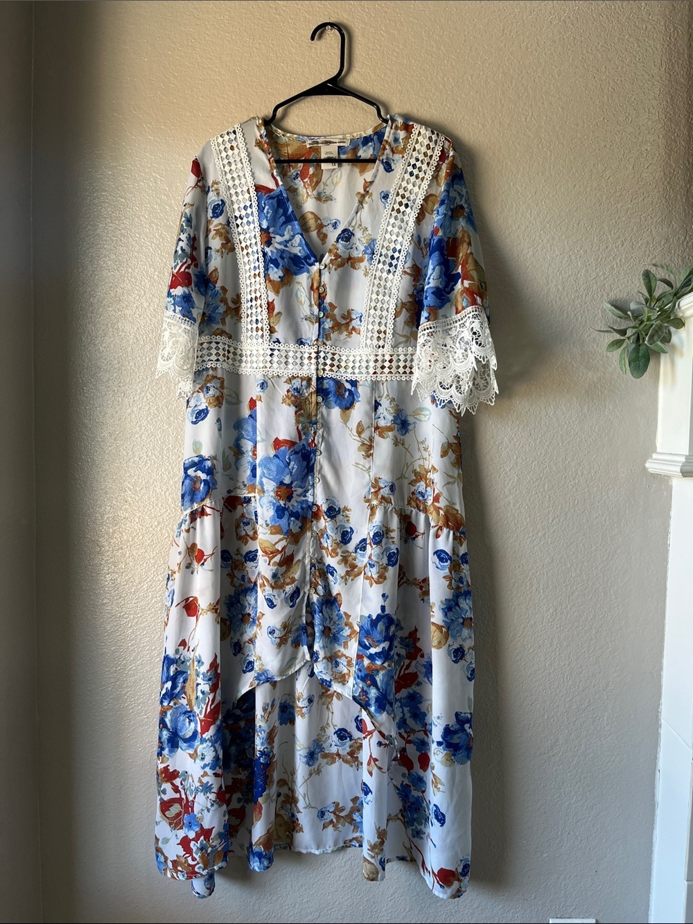 American Rag High-Low Floral Sheer Maxi Duster Blue White Brown Sz 1X